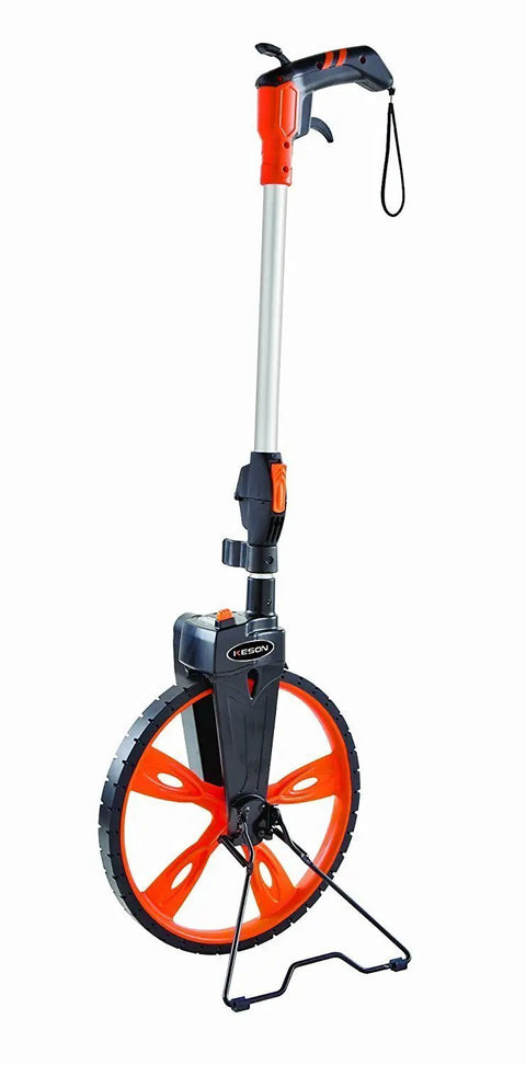 Pro Grade 3 Foot Center Line Measuring Wheel Pack Featuring Slick Pistol Grip Reset Trigger And Heavy Duty Foldable Top Reader upright with orange accents.