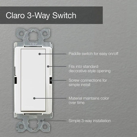 Front view of Claro On Off Light Switch 15 Amp 3 Way Gray CA 3PS GR Big Paddle Two Location Control with installation guide.