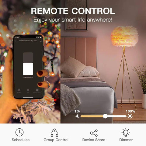 Outdoor Smart Dimmer Plug With Alexa And Google Home Control Easy App Remote Dim Lights Up To 400W Incandescent Or 150W LED CFL IP44 Weatherproof used to control lamp via smartphone app.