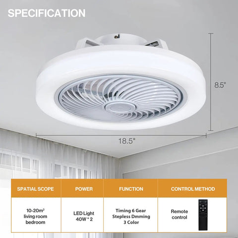 Ceiling Fans With Lights Remote Control 18 Inch Bladeless Modern Flush Mount LED Fan specifications and dimensions.