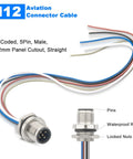 2 Pack M12 A Coded 5 Pin Male Aviation Panel Mount Connector Cable IP67 Waterproof Back Mount Unshielded Straight Socket