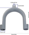 Gray U Shape Drain Hose Holder with dimensions; secure washing machine and dishwasher drain hoses, wall mount bracket.
