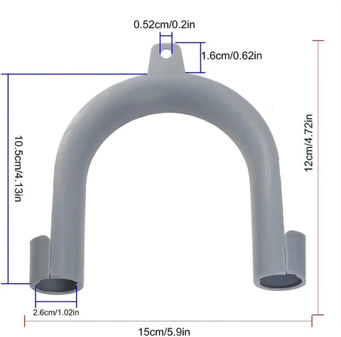 Gray U Shape Drain Hose Holder with dimensions; secure washing machine and dishwasher drain hoses, wall mount bracket.