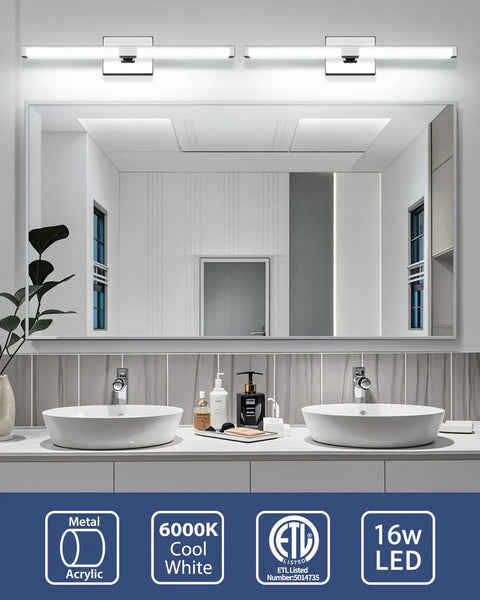 24 Inch LED Vanity Light Fixture With 16W 6000K Cool White Dimmable Over Mirror Bathroom Lighting in Black above double sink