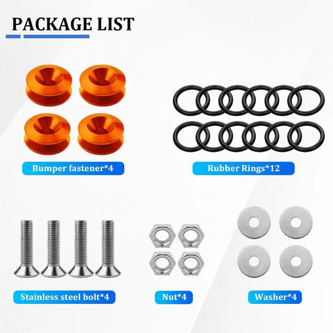 Universal Car Bumper Quick Release Kit For Front And Rear Bumpers Trunk Holder Fasteners With 4 Quick Release Tabs And 12 O Rings And Washer Screws Orange Durable Aluminum Alloy Easy Install Fits Most Vehicles package components