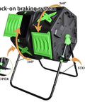 Front view of 37 Gallon Dual Chamber Compost Tumbler With Sliding Doors For Outdoor Gardens Built Tough Rotating Bin With Metal Base.