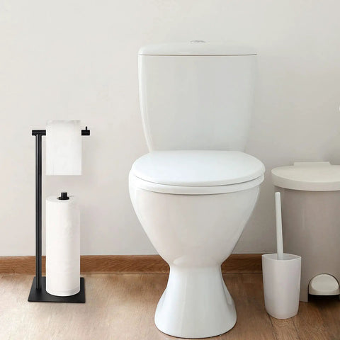 Freestanding Black Toilet Paper Holder Stand That Holds Up To 3 Tissue Rolls With Anti Drop Top Rod And Vertical Roll Storage Durable Metal Bathroom Organizer next to toilet