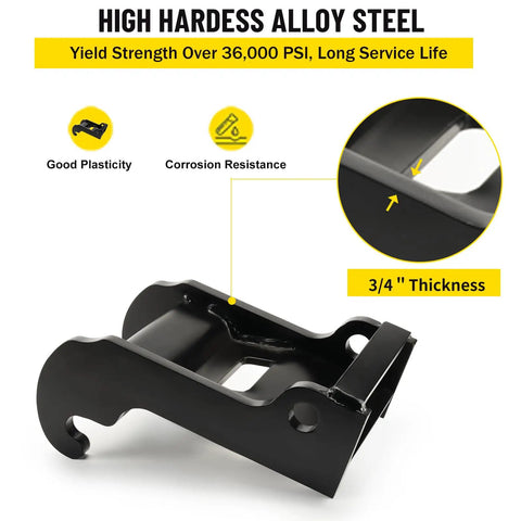 X Change Quick Attach Coupler Bracket For Mini Excavators Black Coated Steel Mount Turns Any Attachment Into A Bobcat Ready Tool Easy Weld On Conversion Compatible With Bobcat E Series, side view showcasing 3/4 inch thickness and high hardness alloy steel.