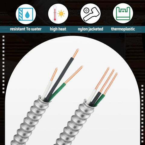 Fourteen Gauge Metal Clad Electrical Wire With Ground Aluminum Armor For Indoor Outdoor Use Solid Copper Conductors Two Conductors Plus Ground 100 Ft Heavy Duty Cable For Commercial Projects