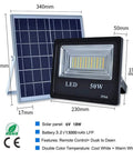 JUDYSSY Solar Flood Lights Outdoor Solar Flood Lights with Remote Control, 50W 6000Lm LED floodlight with solar panel dimensions.