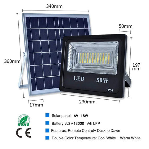 JUDYSSY Solar Flood Lights Outdoor Solar Flood Lights with Remote Control, 50W 6000Lm LED floodlight with solar panel dimensions.