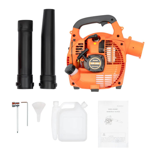 Beast Mode Heavy Duty Handheld Gas Leaf Blower Two Stroke 750W 25.4cc Gasoline Grass Sweeper with accessories and manual shown
