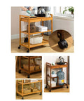 Bamboo kitchen cart with 1.5 inch furniture caster wheels, showcasing swivel and brakes for easy movement and secure positioning.