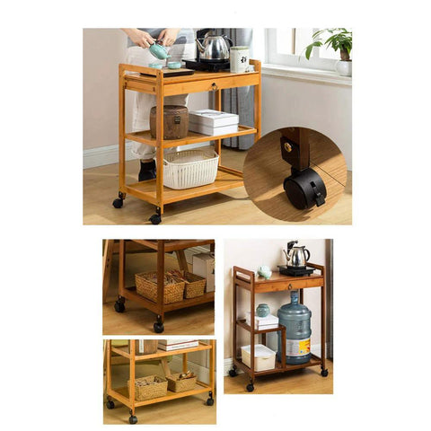 Bamboo kitchen cart with 1.5 inch furniture caster wheels, showcasing swivel and brakes for easy movement and secure positioning.