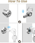 Heavy Duty Stainless Steel Cabinet Insert Linkage Drawer Locks Offering Slick One Eighty Degree Cam Rotation No Sweat Swap Out And Two Secure Keys Ideal For Tool Chests Gear Boxes And Shop Storage Durable Replacement Fit That Works Like A Charm usage instructions showing key and cam rotation steps.