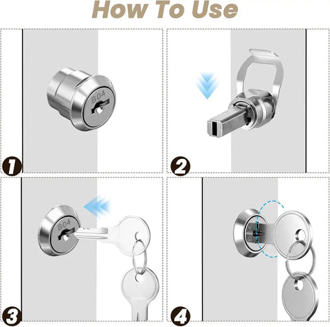 Heavy Duty Stainless Steel Cabinet Insert Linkage Drawer Locks Offering Slick One Eighty Degree Cam Rotation No Sweat Swap Out And Two Secure Keys Ideal For Tool Chests Gear Boxes And Shop Storage Durable Replacement Fit That Works Like A Charm usage instructions showing key and cam rotation steps.