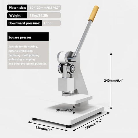 Heavy Duty Manual Die Cutting Press 1 Ton Benchtop Flatbed Workhorse For Stamping Embossing Bearing Installation Knuckle Saver Pro Grade Shop Gear White with dimensions and specifications.