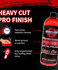 Front view: Renegade Pro Red Metal Polish bottle with Heavy Cut label and red liquid