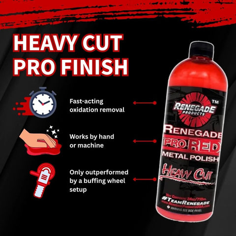 Front view: Renegade Pro Red Metal Polish bottle with Heavy Cut label and red liquid