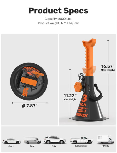 Roadtek 3-ton jack stands with integrated steel base, dual locking; orange/black, height 11.22–16.57 in; pair