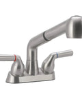 Genuine Utility Sink Faucet Featuring A Breezy Pull Out Sprayer Finished In Brushed Nickel with dual handles and mounting.