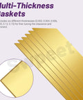 Premium Brass Shim Stock Kit For DIY Crafters, 10 Pieces Of 0.004 Inch Thick Brass Strips, shown with multi-thickness gaskets.