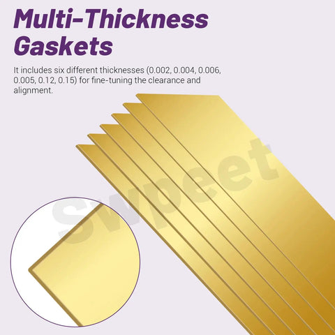 Premium Brass Shim Stock Kit For DIY Crafters, 10 Pieces Of 0.004 Inch Thick Brass Strips, shown with multi-thickness gaskets.