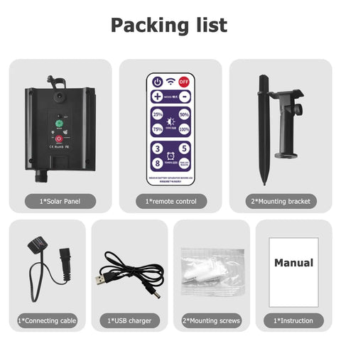 Packing list for Solar Battery Box For Outdoor LED String Lights With DC Charging And Remote Control
