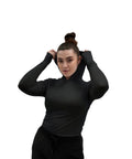 Women's Hooded Underscrub Shirt For Healthcare Pros Black Nurse Jacket with slim tailoring and breathable material.