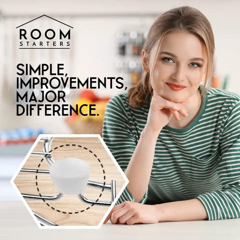 Close-up of white Kitchen Sink Rack Feet 20 Pack Replacement For Kohler Rack Rubber Feet 84544-0 next to a smiling woman.