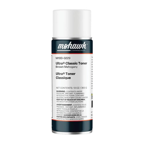 Brown Mahogany Stain And Seal Aerosol Duo For Wood Repair, Packs Clear Satin Topcoat Spray in a 13 oz can.