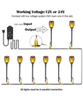Diagram of low voltage torch landscape lights with timer transformer and connectors, 12V pathway lights, IP65 waterproof, 8 pack lit.