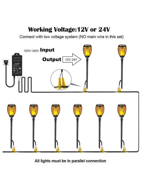 Diagram of low voltage torch landscape lights with timer transformer and connectors, 12V pathway lights, IP65 waterproof, 8 pack lit.