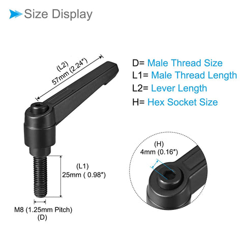 Clamping Lever Handles With M8 By 25mm Male Thread Adjustable Quick Release Locking Rotating Bolt Knobs Black Size Display