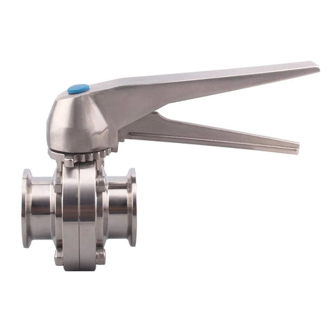 Side view of 1.5-inch tri-clamp butterfly valve with trigger handle, stainless steel 304