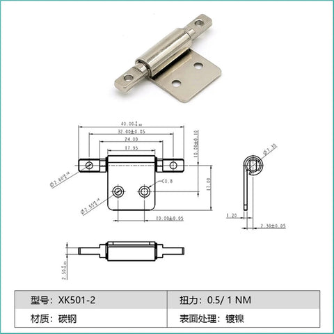 Front view of carbon steel torque hinge with friction damping and mounting plate with screw holes.