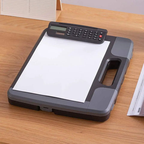 Everyday Carry Clipboard Organizer With Built In Calculator Water Resistant Document Case And Portable Writing Pad Holder For School And Office The 300 Sheet Capacity Organizer For Meetings, black and gray clipboard organizer on desk