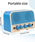 Tiny But Mighty 5W Mini Guitar Amp With Bluetooth 5.0, Blue Edition, showing dimensions and control knobs, compact design