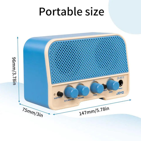 Tiny But Mighty 5W Mini Guitar Amp With Bluetooth 5.0, Blue Edition, showing dimensions and control knobs, compact design