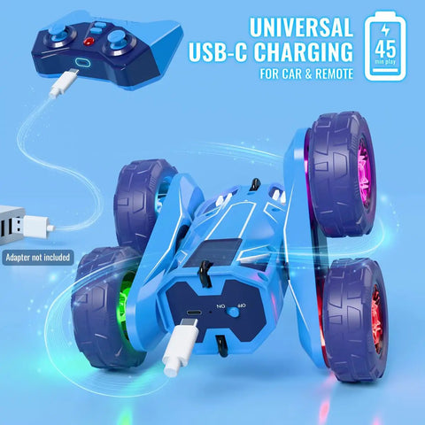Fast USB-C Dual Charging RC Car And Controller With Bright LED Lights, showing USB-C ports and colorful LED wheels