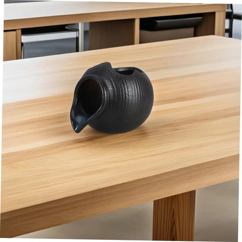 Open Top Design Indoor Outdoor Water Feature Pot in black ceramic on wooden table for hydroponic plants and fish tanks.