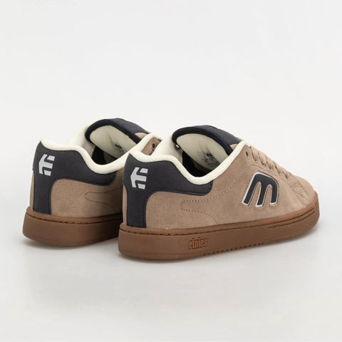 Callicut Heritage Skate Shoes with low cut silhouette, brown suede and textile upper, rear view, chunky vibe, stone color sneakers