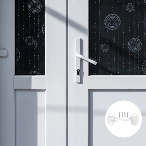 Heavy Duty Stainless Steel Gate Hook and Eye Latch Lock Door Window Garage on a white door with decorative glass panel.