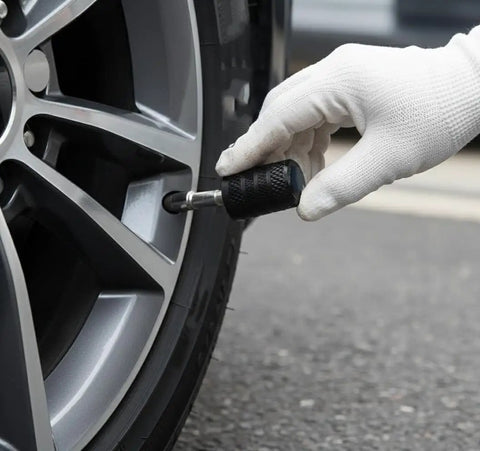 Heavy Duty 4 Pack Tire Valve Stem Caps For Tesla Cybertruck 2024 Through 2026 being installed on a wheel valve.