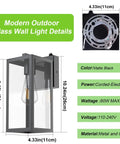 Dusk To Dawn Photocell Sensor Black Outdoor Wall Lantern with clear glass shade showing dimensions and specifications.