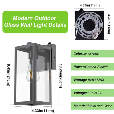 Dusk To Dawn Photocell Sensor Black Outdoor Wall Lantern with clear glass shade showing dimensions and specifications.