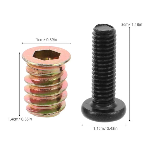 Wood Furniture Screws And Threaded Inserts Kit For Solid Hidden Installations features metal nut insert and long screw with dimensions