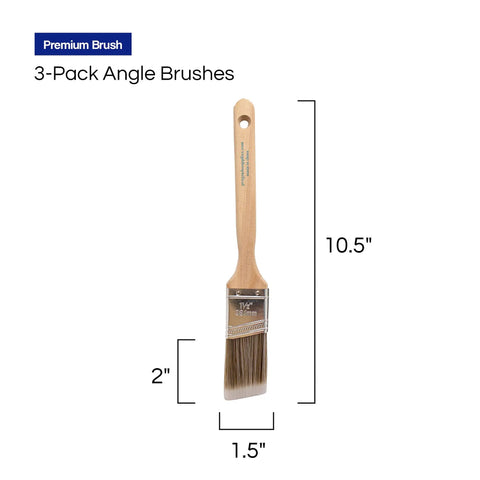 Three Pack 1.5 Inch Angle Paint Brushes Set With Thick Synthetic Filament For Interior And Exterior Projects, brush shown with dimensions