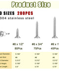 Product diagram of 200 Piece Stainless Steel Wood And Sheet Metal Screws Set With Three Sizes Eight By One Half Inch Eight By Three Quarters Inch And Eight By One Inch Phillips Flat Head Drive For Wood Gypsum Board Plastic DIY Projects