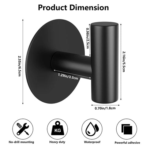 Self-Adhesive Rust-Resistant Stainless Steel Coat Hooks Heavy-Duty No-Drill Wall Hangers for Towels Robes Coats Hats Black 2 Pack dimensions